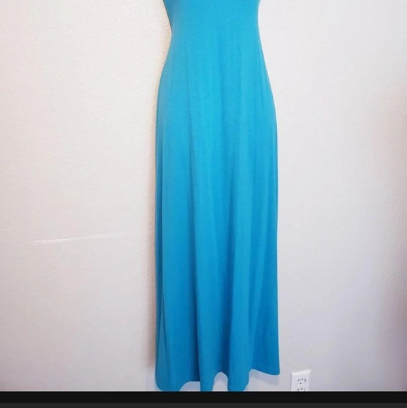 💚5/$25 L8TER  Blue Wood Beaded Halter Neck Long Maxi Slip Dress Medium - Picture 5 of 7